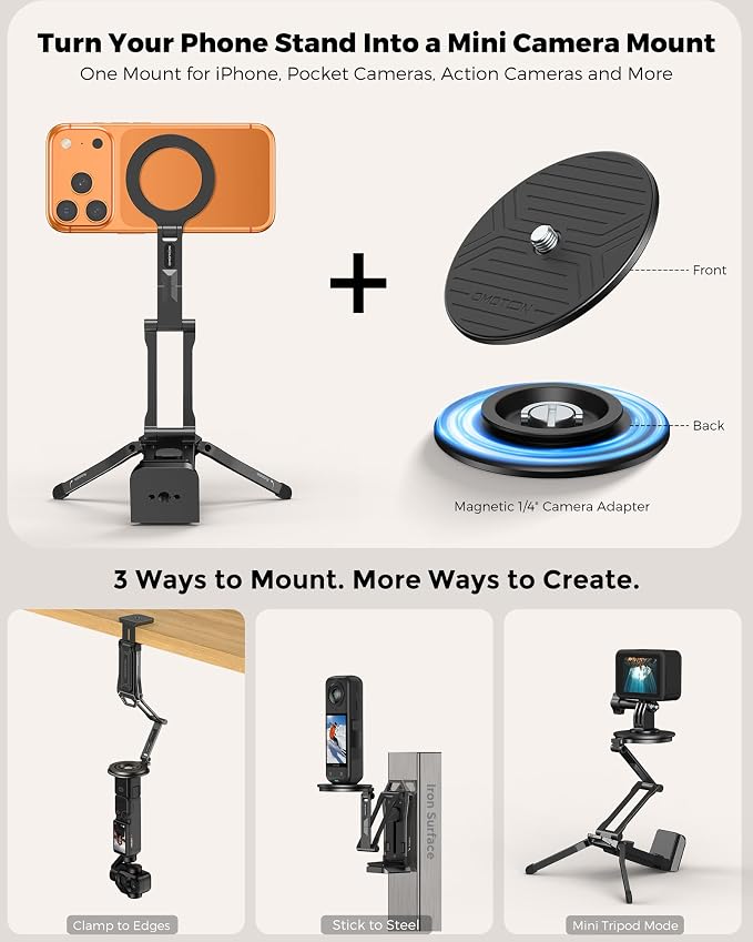 OMOTON TP02-Ultra Multi-Device Camera & Phone Mount with 1/4" Adapter Black | Built-In 1/4" & Arca Base, Clamp, Magnetic & Tripod Setups for iPhone, Pocket/Action Cameras, Overhead & Low-Angle Filming - Image 2