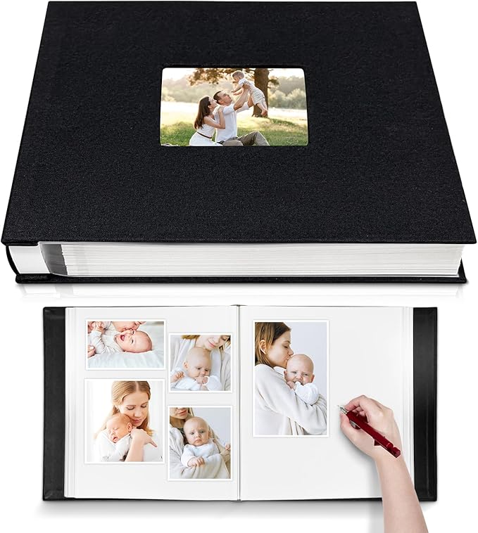 HoneyTolly Large Photo Album Self Adhesive with Picture Display Window, DIY Scrapbook Album for 4x6 8x10 Pictures, 40 Pages Linen Cover Memory Book with Scraper and Metallic Pen(Black) by HoneyTolly