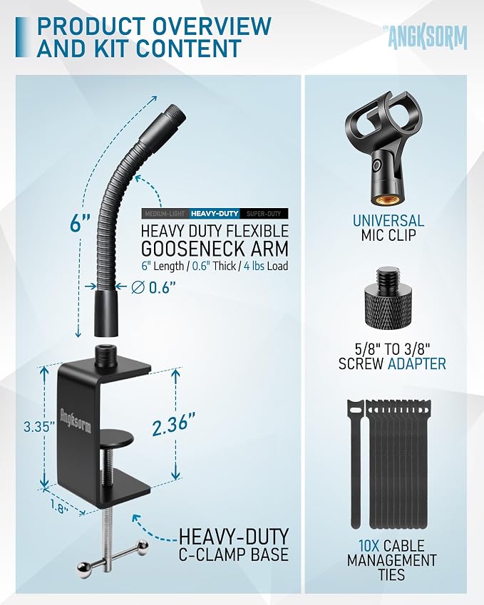 KC32 6-Inch Gooseneck Mic Stand, Heavy-Duty Desk Clamp for Podium | Flexible Arm Microphone Holder, Lectern Mount, 5/8-27 Thread, 3/8-16 Adapter, Mic Clip, Podcast, Pulpit, Studio, 4 lb Load - Image 2