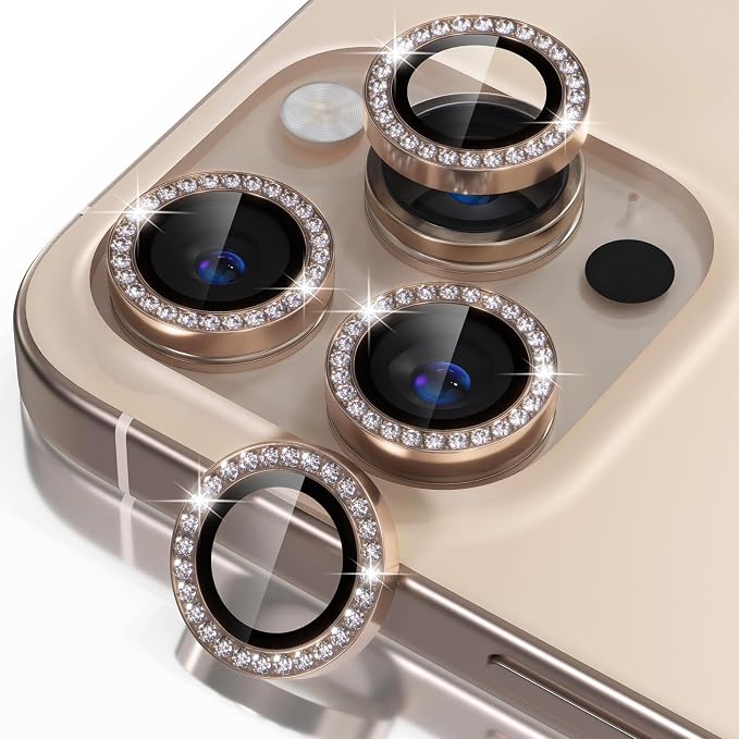 Misea Compatible for iPhone 16 Pro/iPhone 16 Pro Max Camera Lens Protector | 9H Tempered Glass Ultra HD Bling Camera Screen Protector Cover Metal Individual Ring Accessories, Desert Titanium Diamond by Misea