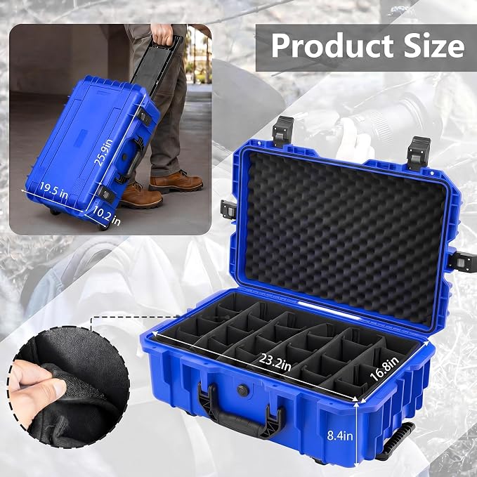 Relaxweex Rolling Camera Hard Case with 24 Padded Dividers & Wheels | Impact-resistant, Protective, Waterproof, Hard Shell Travel Case for Cameras, Lenses & Accessories, 26 x 20 x 10 Inch, Blue - Image 2
