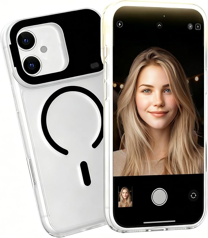 for iPhone 16 Case with Selfie Light, 3 Color Modes (Black) | Compatible with MagSafe,Brightness Control, Memory Setting, USB-C Light Charging, Cable Included by GGBON