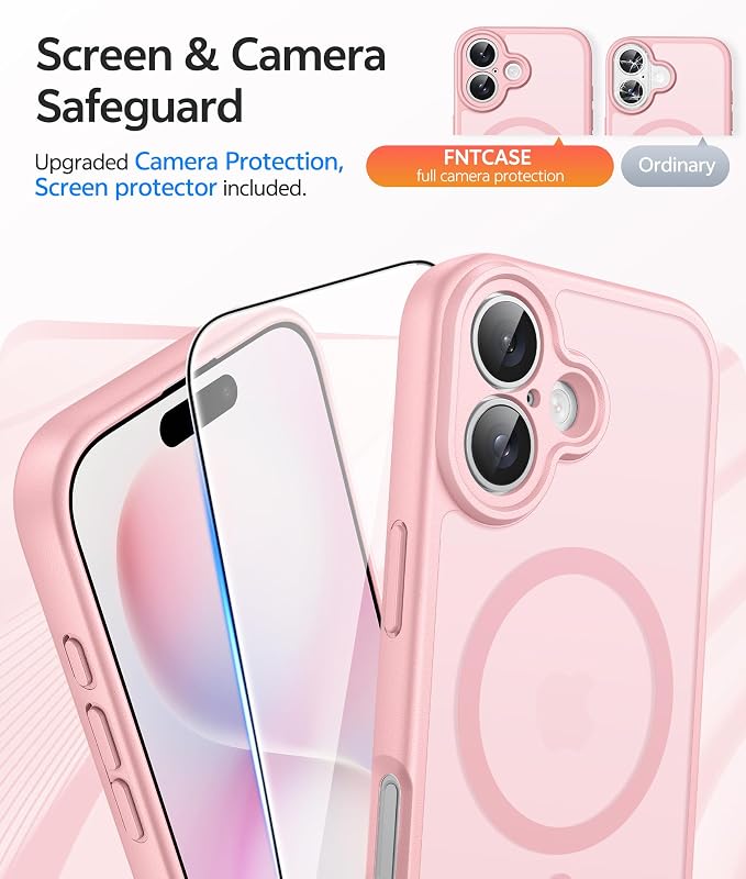FNTCASE for iPhone 16 Plus Case, Fit for Magsafe, Screen Protector | Full Camera Protection,Translucent Matte, 14FT Military Grade Drop Proof, Shockproof Protective Phone Cover, Light Pink - Image 4