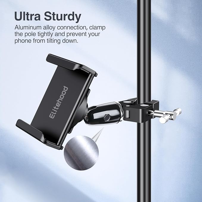 elitehood Swivel Tilt Phone Holder for Mic Stand Mount & Microphone Stand | Aluminum iPhone Mic Stand Holder, 360° Adjustable Phone Clamp Mount for Music Boom Microphone Stand, Fit All Cell Phone - Image 8