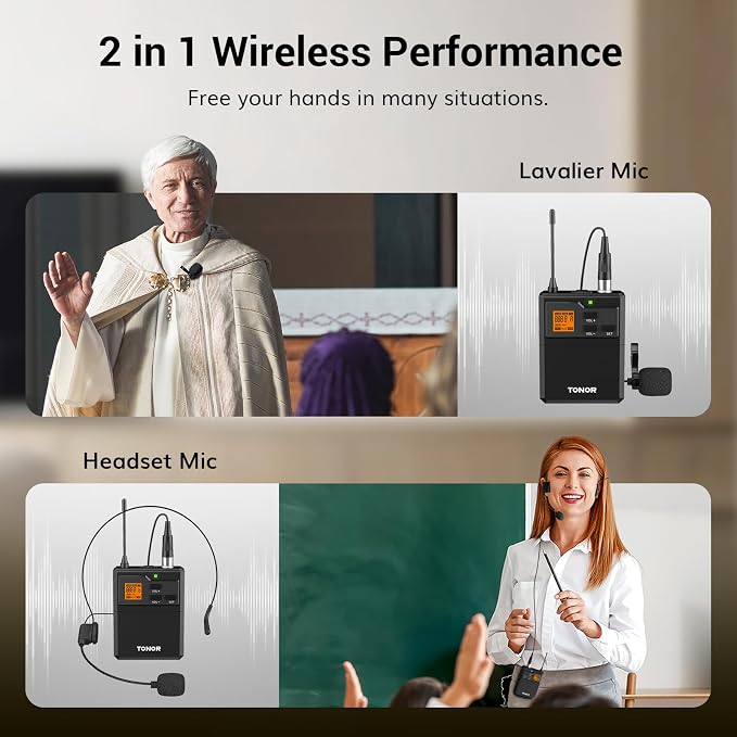 TONOR UHF Wireless Microphone System, 2 Sets Bodypack & Lavalier Mic | UHF Headset Lapel Mic, Rechargeable Receiver, 15 Channels 60 m/200ft Range 1/4" Output for Teaching, Recording ,Tour Guide - Image 4