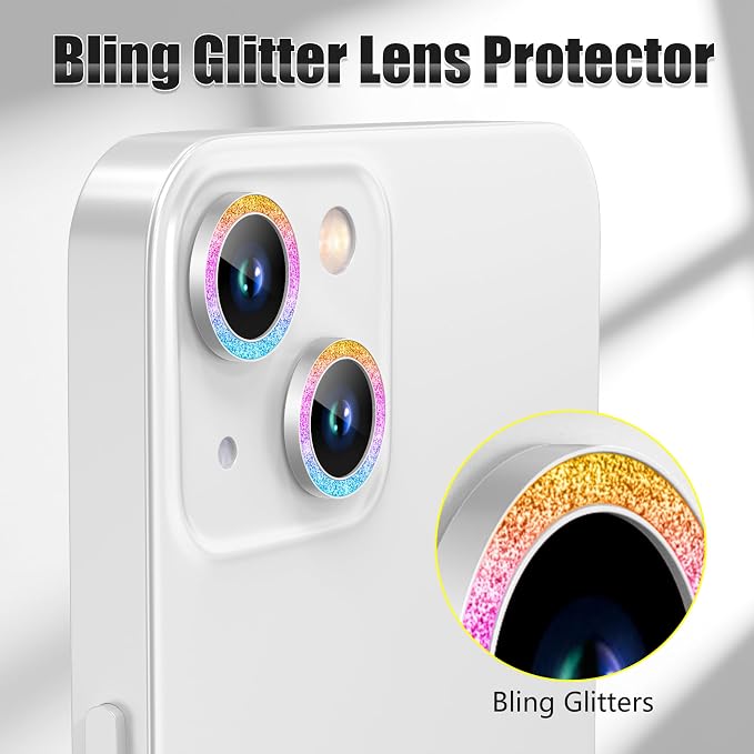 AGVEE 3+3 6 Pack for iPhone 13 & Mini Camera Lens Protector Cover | Individual Bling Diamond & Bling Glitter Sparkle Cute Gem Metal Ring, 9H Tempered HD Glass - Image 5