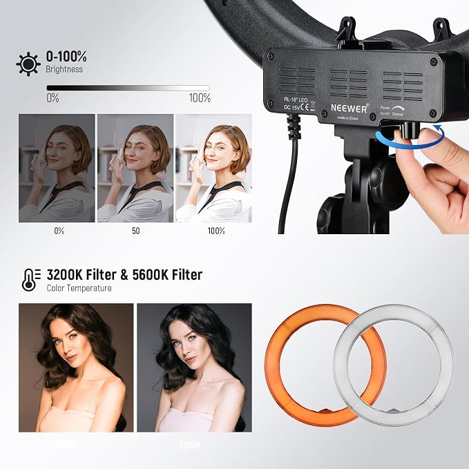 NEEWER 55W 18"/45cm Ring Light Kit [New Version], with Tripod Stand, RL-18 | 5600K Dimmable LED Ringlight, Phone Holder for iPhone, Lighting for Selfie Makeup Lash Tattoo Studio Photo Video Recording - Image 7