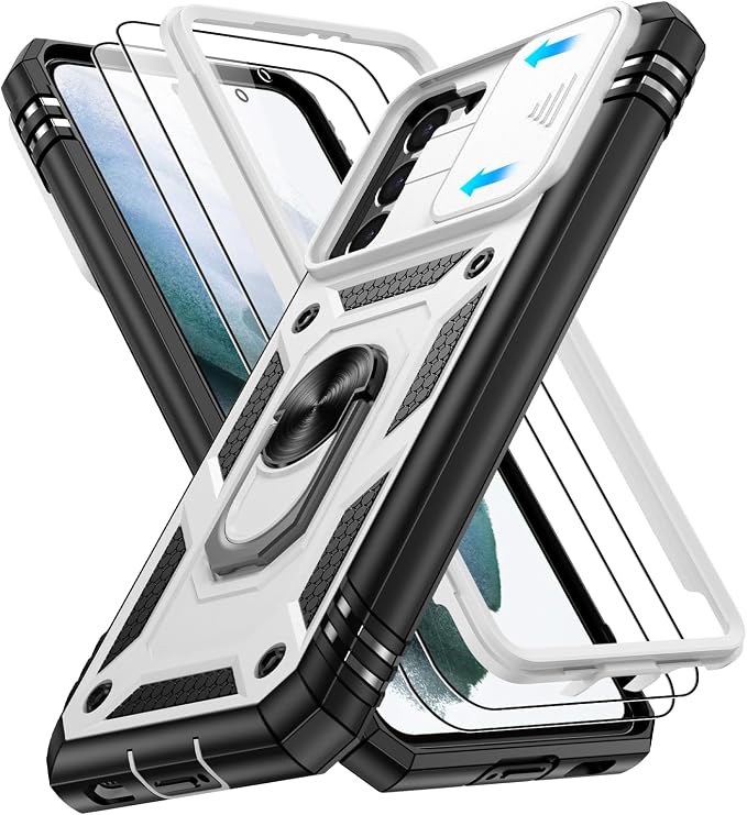 Gritup for Galaxy S21 Phone Case Military-Grade Shockproof with Kickstand | with 2 PCS Screen Protector, Slide Camera Cover, Heavy Duty Outdoor Protection Funda para Galaxy S 21 Cover-White+Black by Gritup