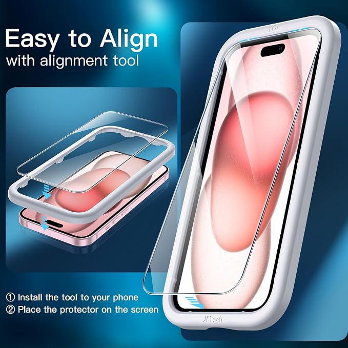 JETech Screen Protector for iPhone 15, 2+2 Pack | with Camera Lens Protector, HD Clear Tempered Glass, Anti-Scratch Protection, Easy Installation Tool - Image 5