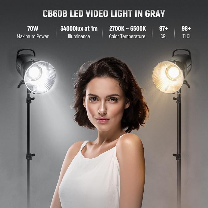 NEEWER 80W LED Video Light, 2.4G&APP Control, Bi Color 2700K-6500K 34000Lux/1m, CRI97+/12 Scenes/Bowens COB Continuous Output Lighting for Studio Photos Photograpny Video Recording Streaming, CB60B | 2700K-6500K, 34000Lux/1m, CCT, CRI97+, 12 Scenes, Bo... - Image 2