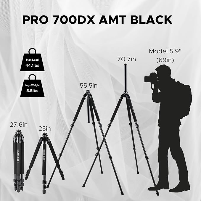 SLIK Pro 700 DX Black Tripod Legs 71" - AMT Alloy, Supports Up to 44lbs | For Telephoto Lenses, Spotting Scopes & Filmmaking Cameras - 40% Greater Weight-to-Strength - 2-Part Center Column - Image 6