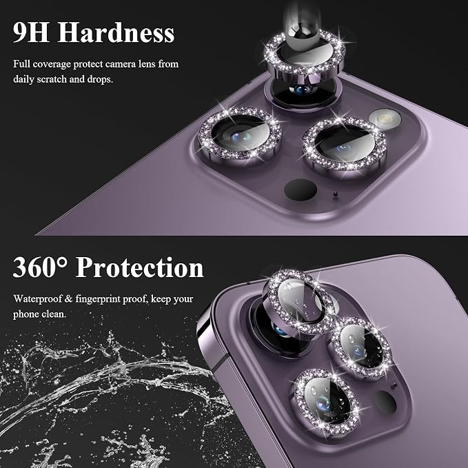 YWXTW Designed for iPhone 14 Pro/iPhone 14 Pro Max Camera Lens Protector Bling, [New Glitter Design] Individual Metal Tempered Glass Camera Cover Accessories Case Friendly, 1 Set (Purple Glitter) - Image 3