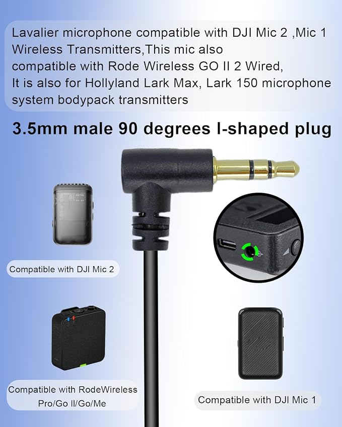 Mini Lavalier Microphone 3.5mm TRS Plug for DJI Mic 2,1.5m/4.92ft | Clip On Wired Condenser Lapel Mic, 90 Degrees L-Shaped Plug, for Rode Wireless Go II, for Vlog Streaming Interview - Image 2