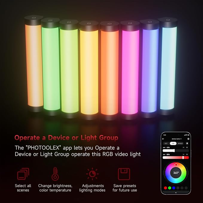 PHOTOOLEX 360°RGB Tube Light, LED Video Light Wand, Magnetic Light Stick | 2500K-9900K/360° Full Color/CRI 96+/2600mAh/Rechargeable/Handheld, Photography Light Bar for TikTok YouTube - Image 7