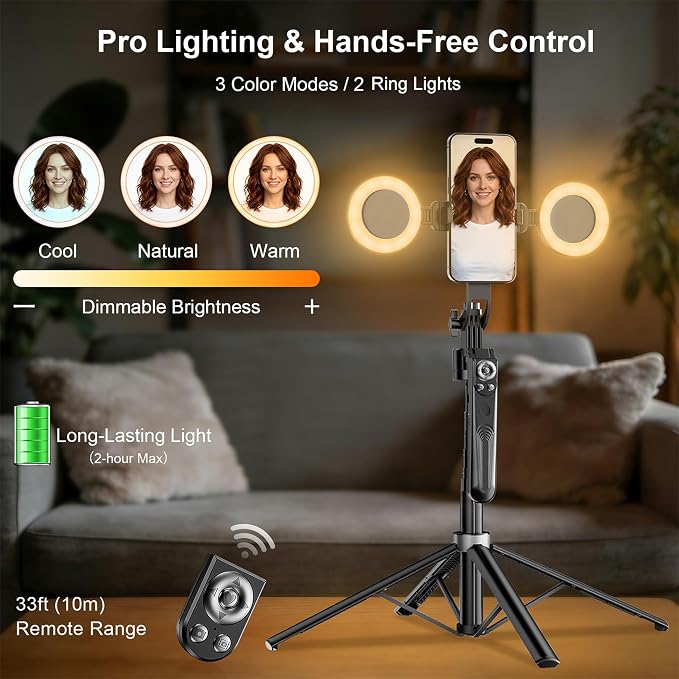 Auto Face Tracking Tripod for iPhone with Light and Remote Phone Stand | 360 Rotation Tripod that Follows Your Movement, No App, 71" Selfie Stick for Content Creator Vlog TikTok Live Stream - Image 3
