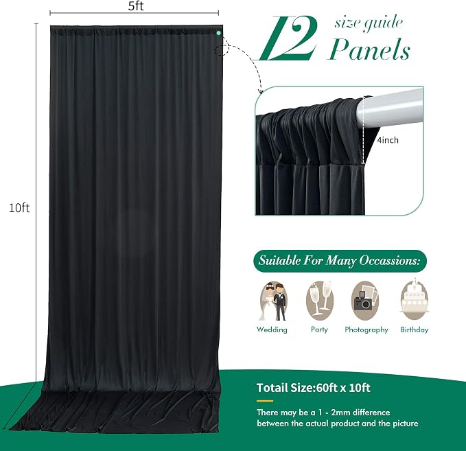 60 ft x 10 ft Wrinkle Free Black Backdrop Curtain for Parties, 12 Panels 10ft Polyester Black Photo Backdrop Drapes for Graduation Birthday Wedding Party Stage Curtains - Image 5