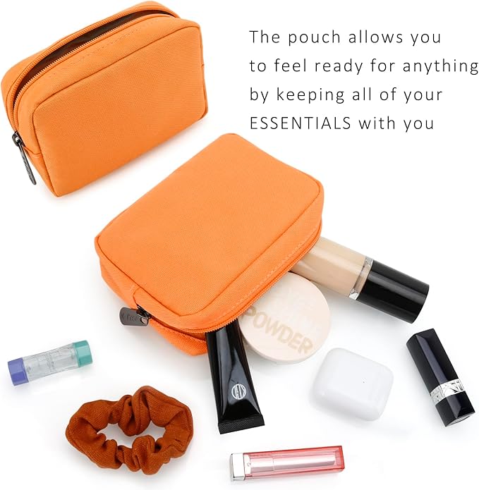 E-Tree Cute Small Makeup Bag,Cosmetic Toiletry Make up Skin Care Little Items Pouch for Purse,Zipper Mini Tech Charger Cable Electronic Organizer Case,Travel Accessories for Women Men Teen,Orange - Image 3