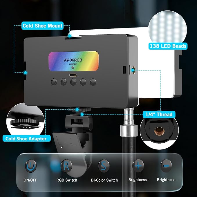 NiceVeedi RGB Selfie Light, 138 LED Beads Phone Light, 360° Full Color Camera Light with Clip and Cold Shoe, CRI95+/180 Minutes Rechargeable Video Light for Video Recording/iPhone/TikTok/Makeup/Zoom - Image 6