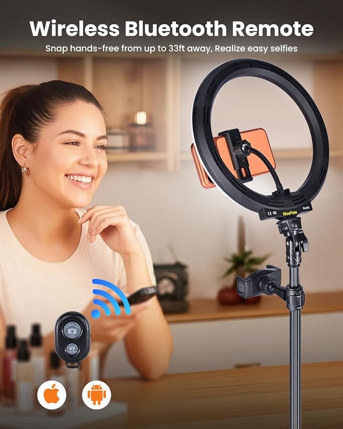 10" RGB Ring Light with 66'' Tripod Stands, 2 Phone Holder, Remote | 28 Color & 10 Brightness Level, Circle Ring Light for Live Stream, TikTok, YouTube, Makeup, Compatible with iPhone & Android - Image 7