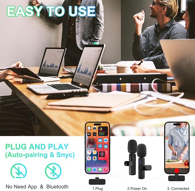 JUDKIOM 2 Pack Wireless Lavalier Microphone, Professional Lapel Mics, Wireless Mic Plug-Play, Lapel Microphone for Video Recording Interview Vlog YouTube TikTok(for iPhone 14 and Below) - Image 2