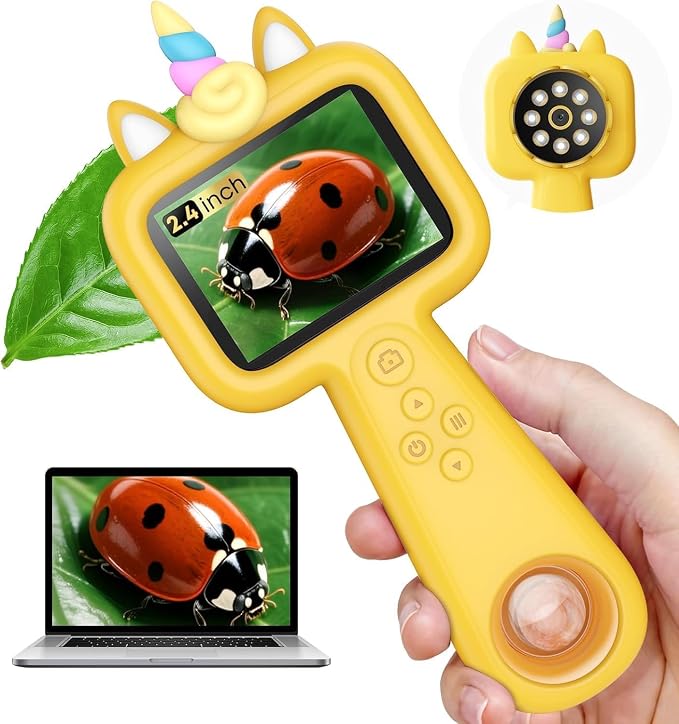 Kids Microscope, 2.4" Screen Handheld Digital Microscope 600X with 4K Camera & 8 LED Lights, Portable Pocket Microscope for Bugs Plants Nature Exploration, STEM Science Toy Gift Ages 3-12(Yellow) by CareYou