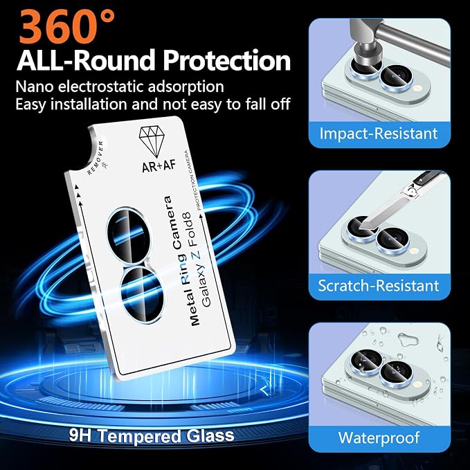 for Samsung Galaxy Z Fold 8 Camera Lens Protector, Individual Metal Ring Tempered Glass Lens Cover, [Strong Adsorption] Scratch Resistant Ultra-Thin HD Clear Lens Cover, 1 Set-Blue Ring - Image 2