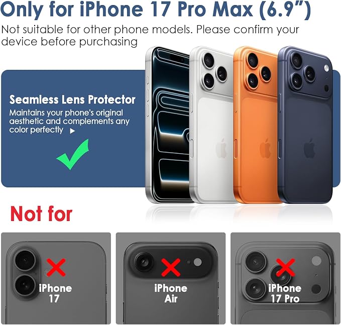 FanTEK Camera Lens Protector Compatible with iPhone 17 Pro Max, 9H Tempered Glass Camera Screen Cover, Ultra HD Clear Acrylic Full Coverage Guard, Case Friendly - Image 2