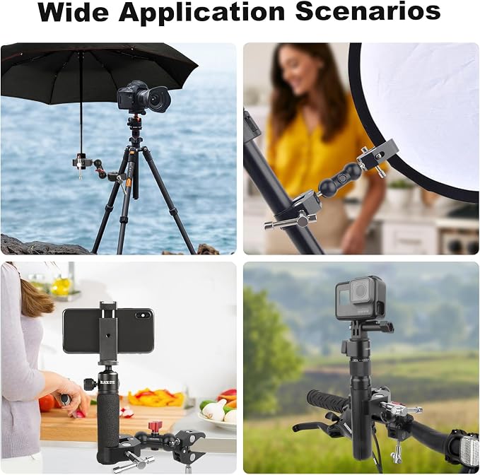 Double Super Clamp Camera Mount with Magic Arm, Aluminum Double Clamp Mount Umbrella Holder for Desk, Studio Light/Boom Stand, Photography Reflector, Cross Bars, Bike/Motor Handlebars (SY004) - Image 7