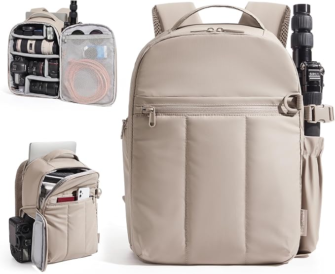 BAGSMART Small Camera Backpack for Women with Laptop Compartment, Brown | Puffy Camera Bags for Photographers, DSLR/SLR/Mirrorless Photography Camera Case, Water-resistant Travel Backpack by BAGSMART