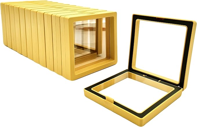 12 PCS Dual-Color Packaging Box 3D Floating Frame Display Stand, Color-Matching Packaging Display Box, Transparent Window Jewelry Case, PE Film Anti-Oxidation Storage Case. (Yellow+Black) by Unknown