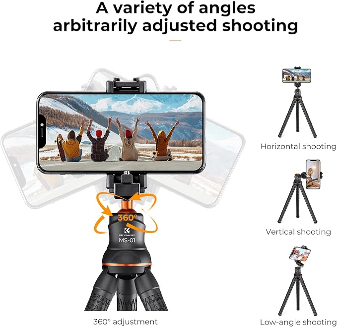 K&F CONCEPT Flexible Mini Tripod Stand | 1/4'' Screw with Phone Holder & Cold Shoe, Bluetooth Remote, 6.6lbs Max Load, MS01 - Image 5