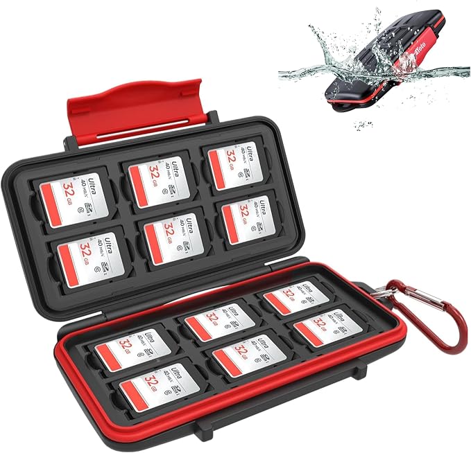 Kiorafoto IPX5 Water-Resistant SD Card Case Holder with 12 Slots | Anti-Shock,Durable,SD SDHC SDXC Memory Card Storage Protector Wallet,Hard Shell with Rubber Interior,Includes Carabiner by Kiorafoto