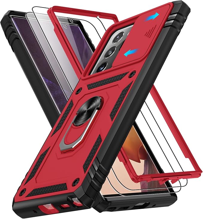 for Samsung Galaxy Note 20 Ultra Case with 2PCS Screen Protector, Build in 360° Rotating Ring Kickstand, Military Grade Protective Case for Note 20 Ultra Phone, Red+Black by Gritup