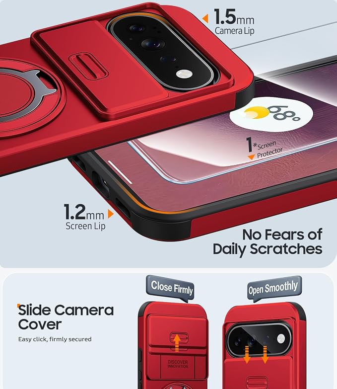 JAME for Google Pixel 10 Pro XL/11 Pro XL Case, Stand & Slide Camera Cover | Ring Holder Kickstand, Screen Protectors, Dual-Layer Shockproof Protective, Magnetic Accessory Friendly Phone Case, Red - Image 5