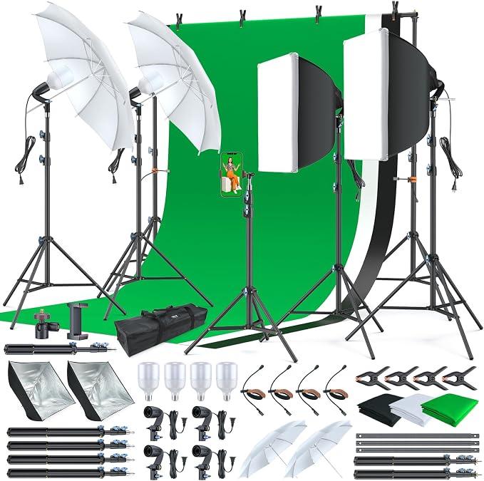 LINCO Lincostore Photo Video Studio Light Kit AM169 | Photography lighting kit, 3 muslin backdrop (black/white/green), softbox & carry bag; for portrait, video, product shoots by LINCO