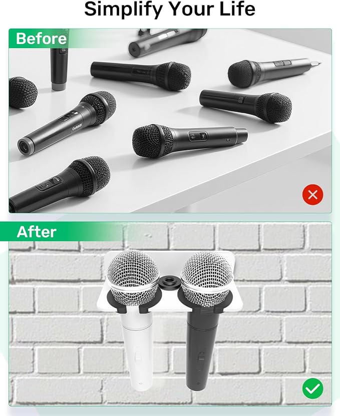 White 2-Slot Multi Mic Holder for Handheld Wired/Wireless, Wall/Stand Mount | Wall Mounted Organizer, Fits 5/8 & 3/8 Mic Stand, Holds 2 Wired/Wireless Mics for Church/Stage/Studio, Rubber Pad Protection - Image 7
