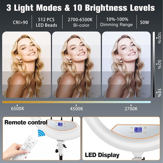 MACTREM Large 22" Ring Light with Stand, 75" Tripod for iPad iPhone Tatoo | LCD Display, Phone Tablet Clips, 2 USB Ports, Professional Lighting for Barber Makeup Streaming TikTok Video Recording Vlog - Image 3