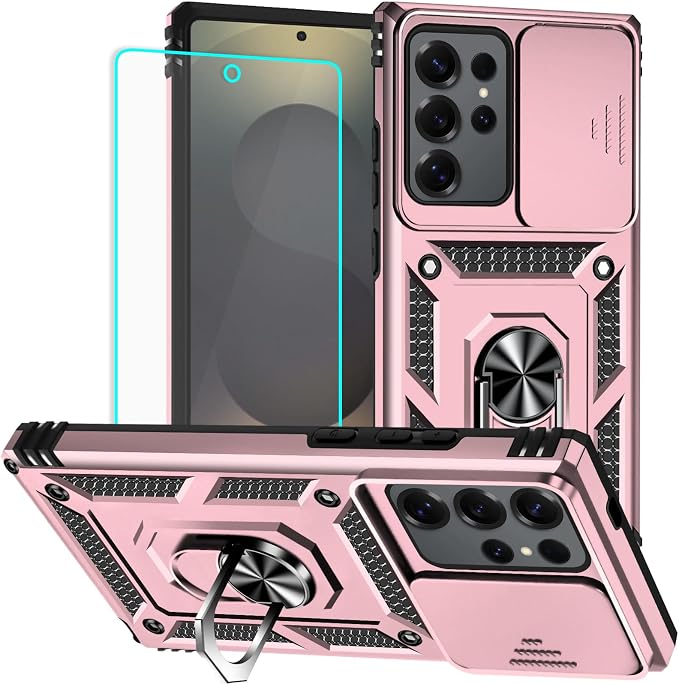 HNHYGETE for Samsung Galaxy S25 Ultra Case with Screen Protector: [Military Grade 20ft. Drop Tested] Slide Camera Cover Ring Shockproof Protective Phone Case for - Galaxy S25 Ultra (Rose Gold) by HNHYGETE
