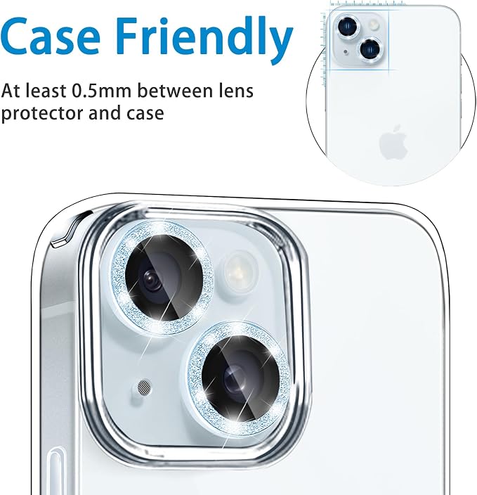Compatible with iPhone 15 & iPhone 15 Plus Camera Lens Protector, Bling Glitter Diamond Len Cover 9H Tempered Glass Camera Cover Anti Scratch Shockproof Screen Protector Individual Metal Lens Ring - 2PCS Glitter Sierra Blue - Image 5
