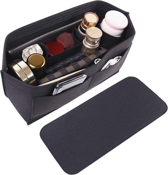 Doxo Purse Organizer Insert for Handbags & Base Shaper 2pc Set, Felt Neverfull PM Organizer Insert, Tote Bag Organizer with Zipper Pocket and Bottle Holder, Fit Neverfull PM and More, Black-M by Doxo