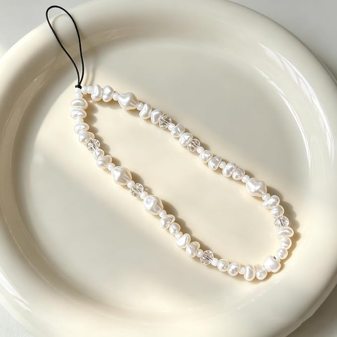 2 Pcs Phone Charm Strap Hand Wrist Strap Camera Lanyard Pearl Beaded Cute Chain String Accessories Universal for iPhone 17 Pro Max 16 15 14 for Samsung Women Girls Keychain Bag White Pearls and Bows - Image 7