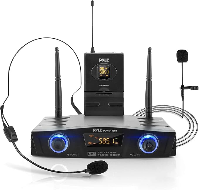 PYLE Compact UHF Wireless Microphone System - Pro Portable 1 Channel Desktop Digital Mic Receiver Set w/ Belt-Pack Transmitter, Receiver, Headset and Lavalier Mics, XLR, For Home, PA PDWM1988B,Black by PyleUSA