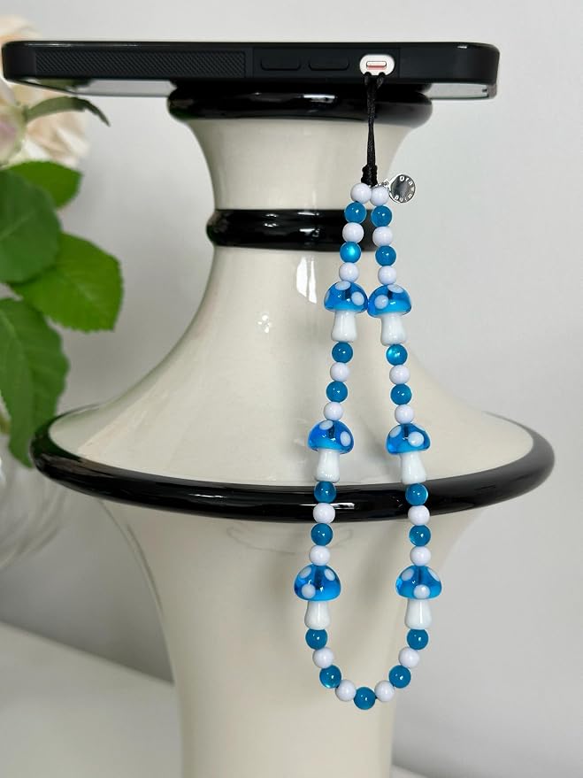 Drawwind Phone Charm Beaded Wristlet Strap Universal Cell Phone Lanyard Cute Bracelet Wrist Strap Beaded Chain String Handmade Accessories for Case Camera Bags (Blue Mushroom) - Image 5