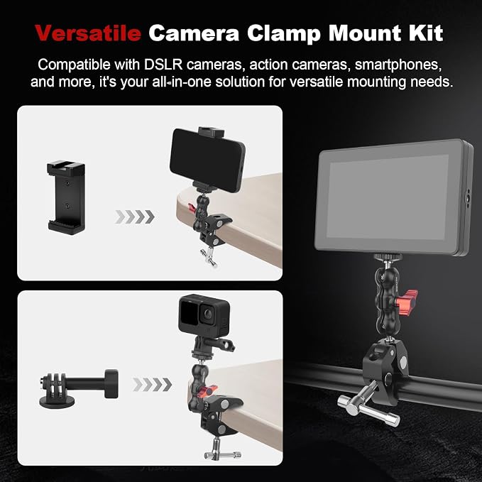 Camera Clamp Mount with Dual Ballhead Magic Arm, Aluminum Camera Mount Super Clamp Kit for DSLR Action Camera/Phone/Monitor/LED Light/Microphone, for Desk/Tripod/Tube/Crossbar (SY001) - Image 2