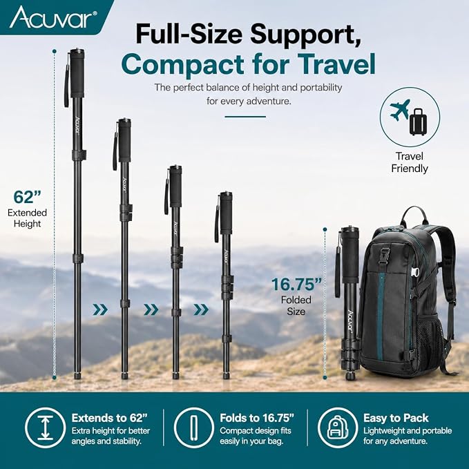 Acuvar 62 Inch Photography Monopod with Safety Strap – Lightweight Aluminum Camera Monopod for Travel & Outdoor Shooting - Image 2