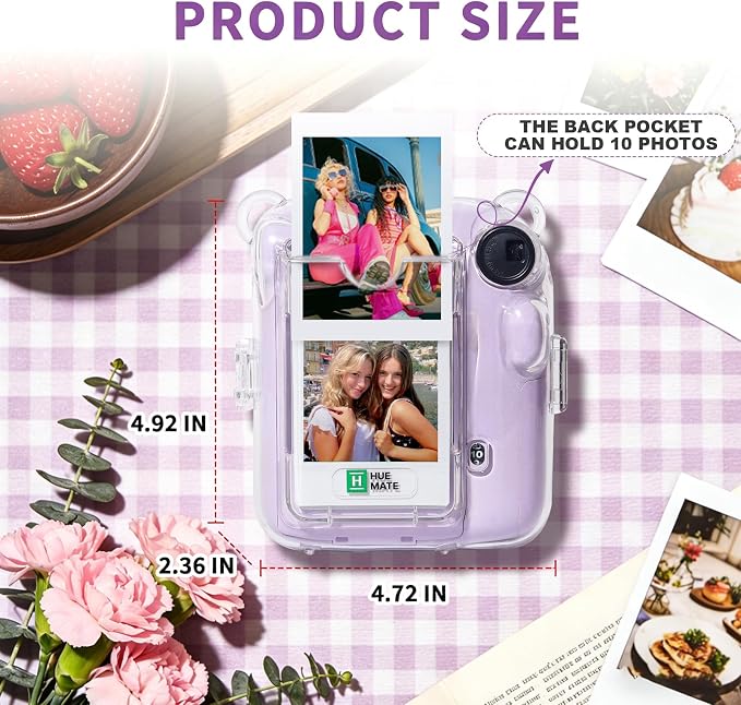 Clear Camera Case for Fujifilm Instax Mini 12, Purple Camera Strap | Protective Cover with Anti-Accidental Shutter, 4 Composition Cards, Photo Storage Holds 10 Films, Clear Hard Shell, No Camera - Image 2
