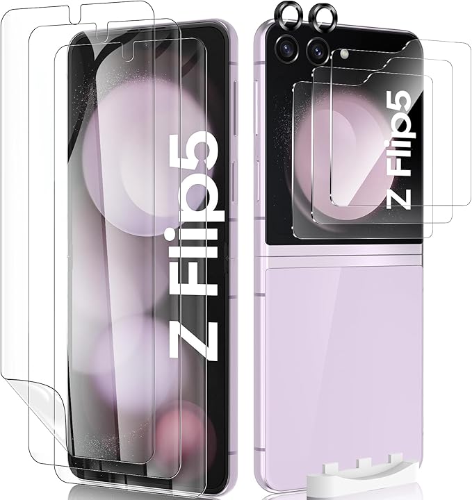 Fotbor [3+3+2 Pack for Samsung Galaxy Z Flip 5 screen Protector, 3 Pack Inner Screen Flexible Film + 3 Pack Back Screen Protector Tempered Glass + 2 Pack [1 Set] Camera Lens Protector Accessories by Fotbor