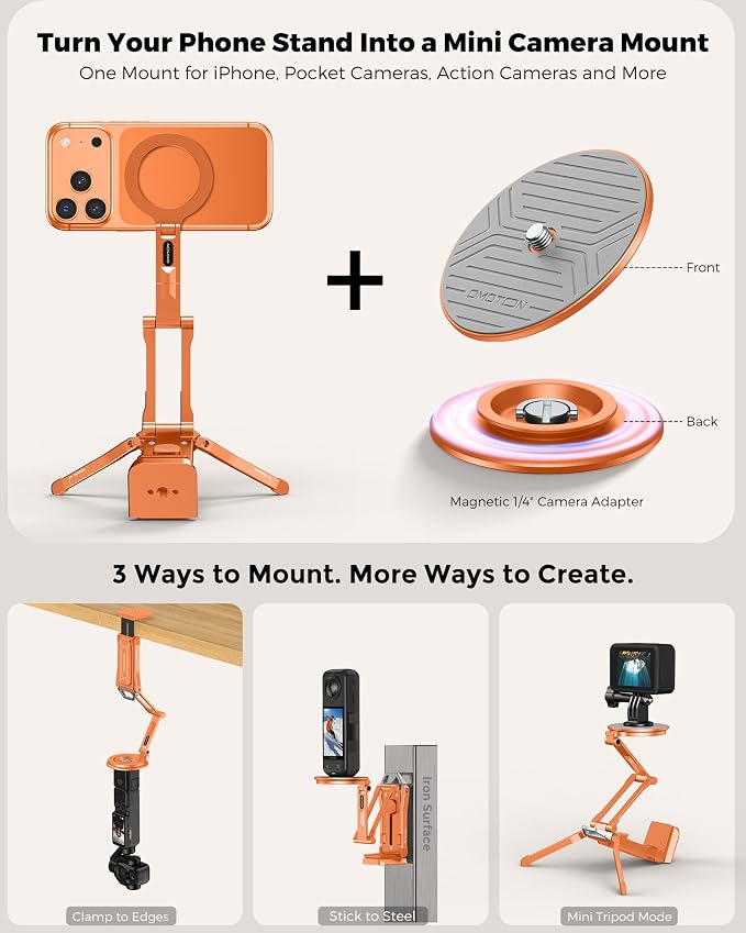 OMOTON TP02-Ultra Multi-Device Camera & Phone Mount with 1/4"Adapter Orange | Built-In 1/4" & Arca Base, Clamp, Magnetic & Tripod Setups for iPhone, Pocket/Action Cameras, Overhead & Low-Angle Filming - Image 2