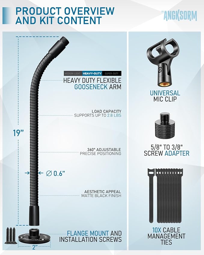 KF25 19-Inch Heavy-Duty Gooseneck Mic Stand with Flange Mount for Podium | Microphone holder for wider lecterns and studio desks, up to 2.8 lb, with mic clip, adapter, and 10 cable ties - Image 2