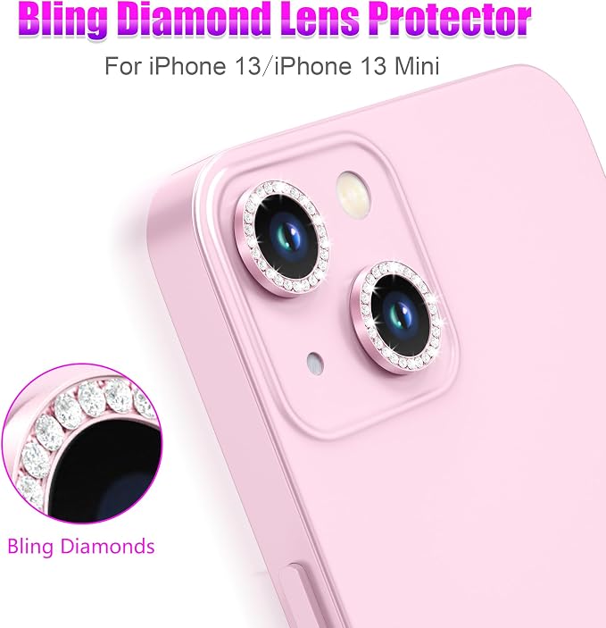 AGVEE 3+3 6 Pack for iPhone 13 & Mini Camera Lens Protector Cover | Individual Bling Diamond & Bling Glitter Sparkle Cute Gem Metal Ring, 9H Tempered HD Glass - Image 4